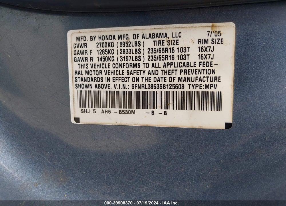 2005 HONDA ODYSSEY EX-L VIN: 5FNRL38635B125608
