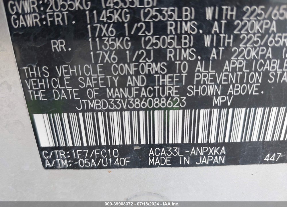 2008 TOYOTA RAV4 VIN: JTMBD33V386088623