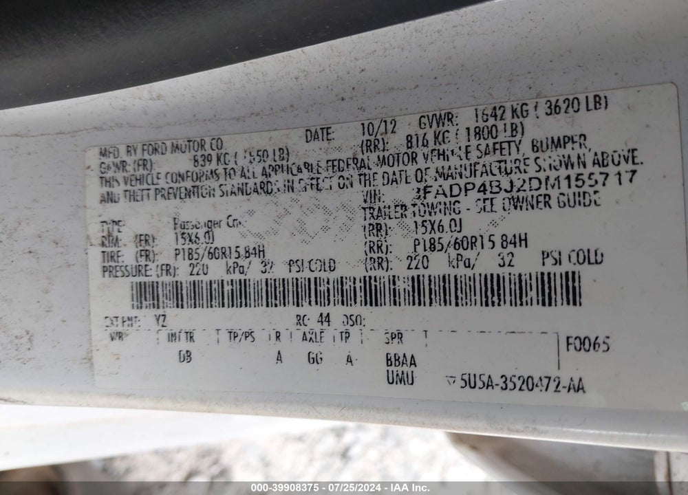 2013 FORD FIESTA VIN: 3FADP4BJ2DM155717