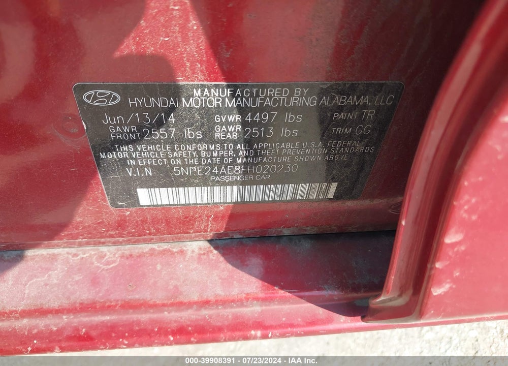 2015 HYUNDAI SONATA SE VIN: 5NPE24AF8FH020230