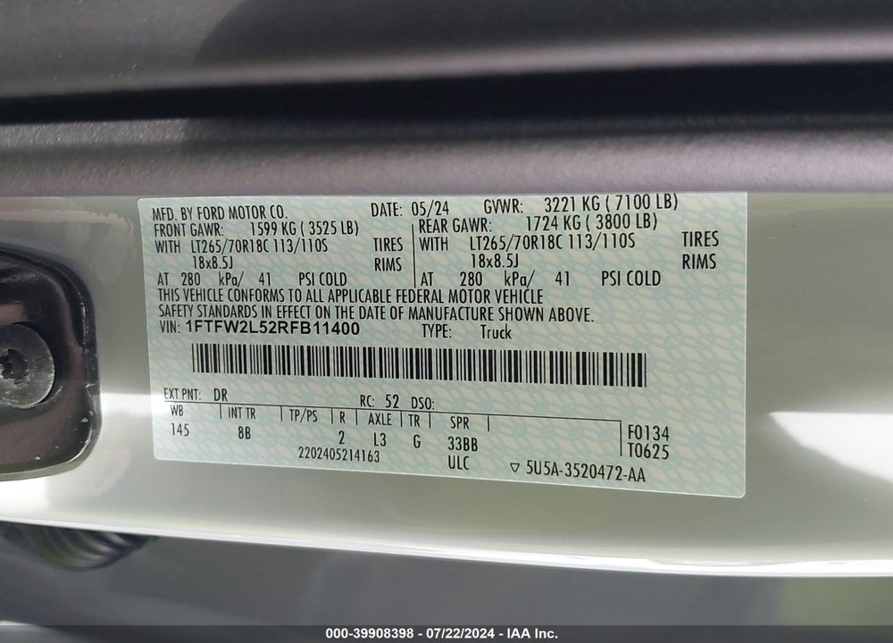 2024 FORD F-150 STX VIN: 1FTFW2L52RFB11400