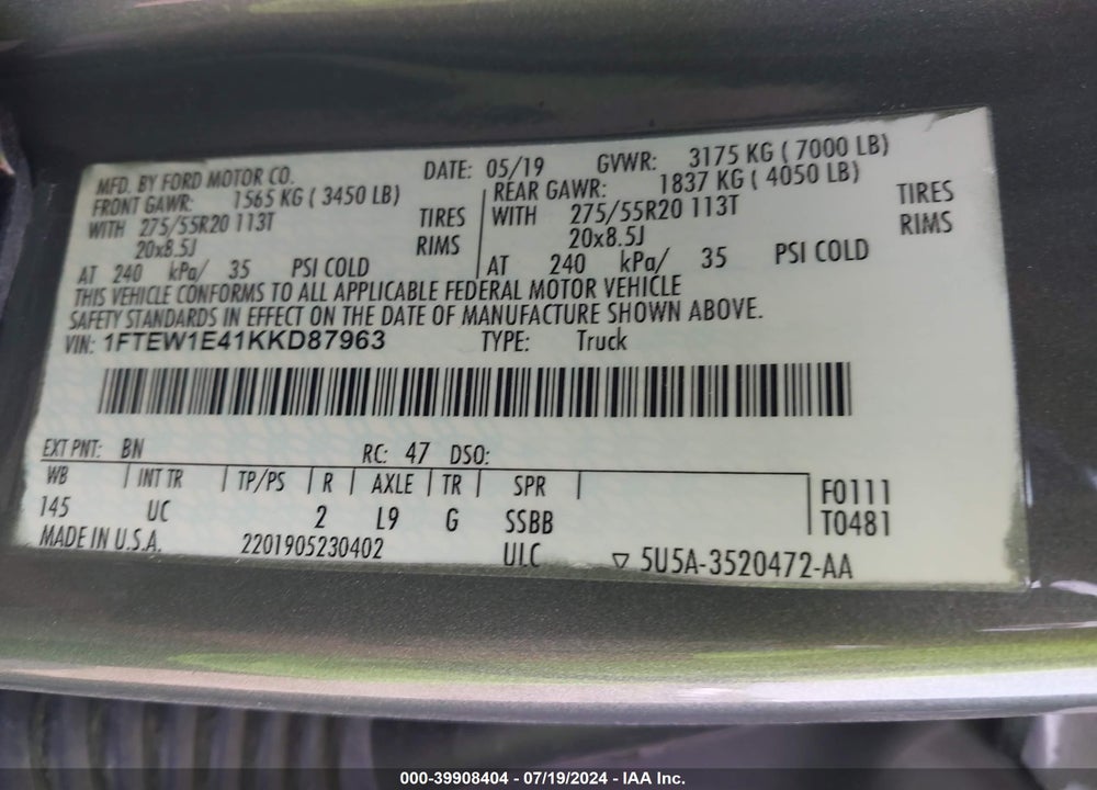 2019 FORD F-150 XLT VIN: 1FTEW1E41KKD87963