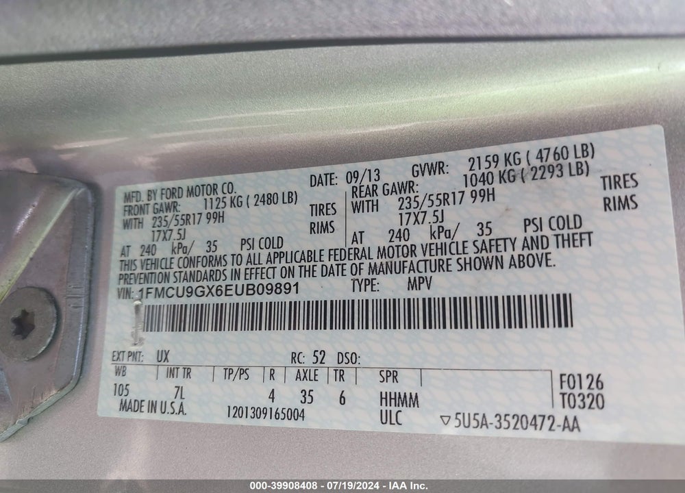 2014 FORD ESCAPE SE VIN: 1FMCU9GX6EUB09891