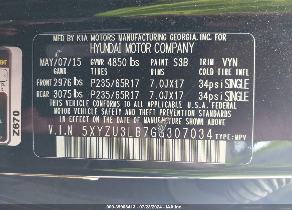 2016 HYUNDAI SANTA FE SPORT 2.4L VIN: 5XYZU3LB7GG307034