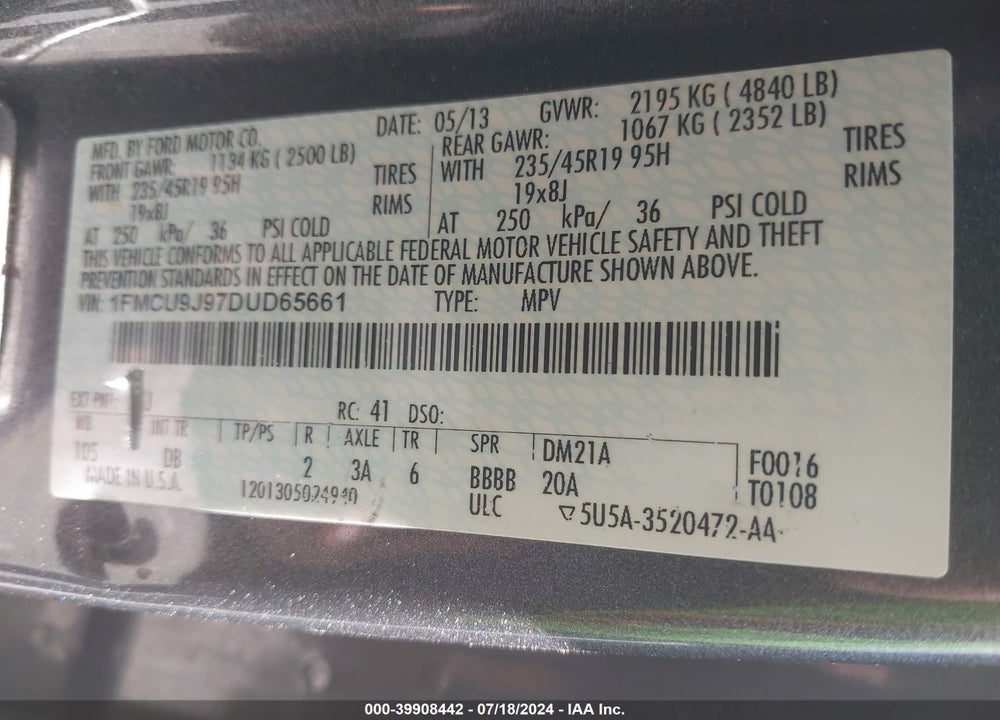 2013 FORD ESCAPE TITANIUM VIN: 1FMCU9J97DUD65661