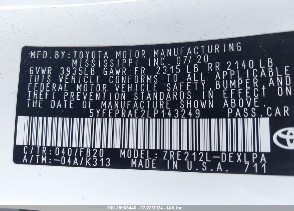 2020 TOYOTA COROLLA LE VIN: 5YFEPRAE2LP143249
