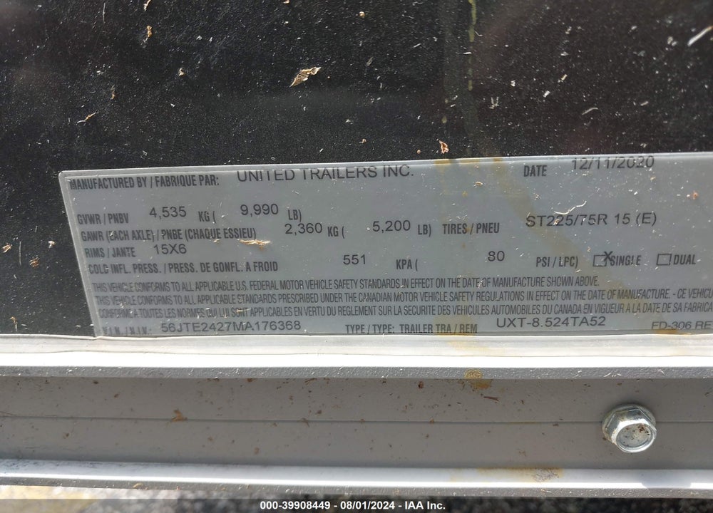 2021 UNIT UTILITY TR VIN: 56JTE2427MA176368
