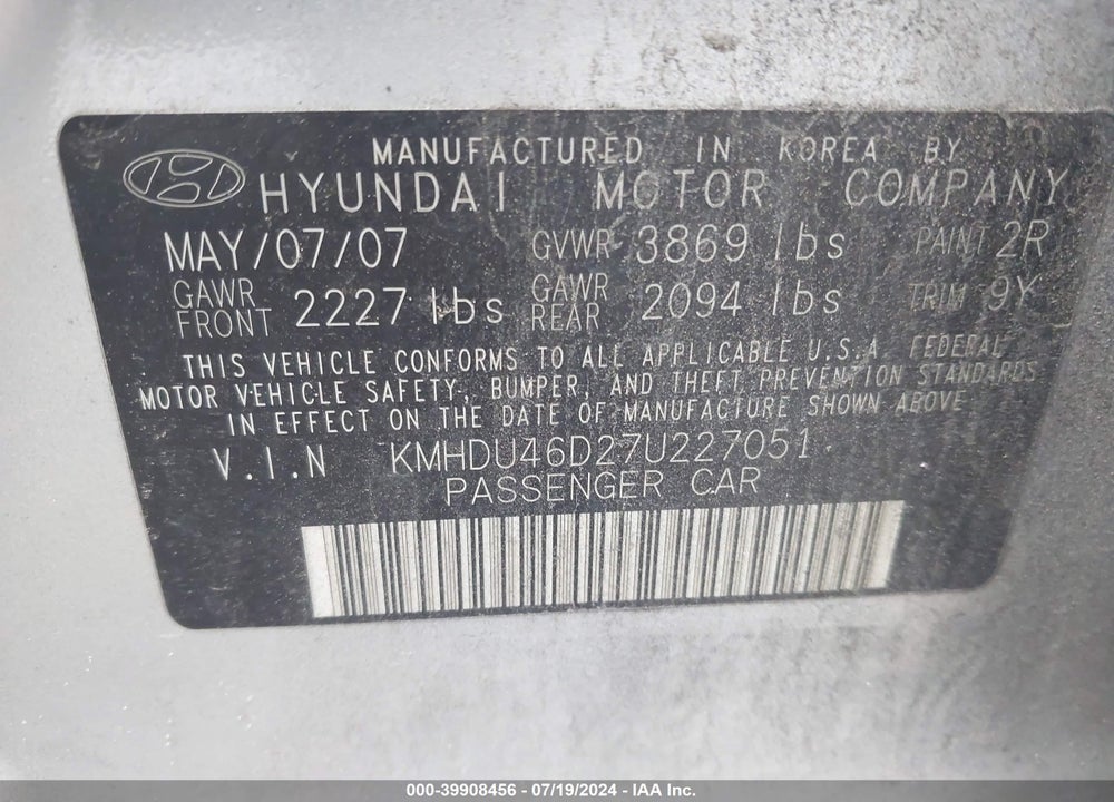 2007 HYUNDAI ELANTRA GLS/LIMITED/SE VIN: KMHDU46D27U227051
