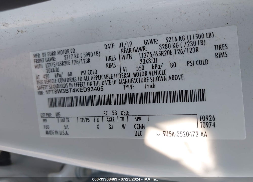 2019 FORD F-350 LARIAT VIN: 1FT8W3BT4KED93405