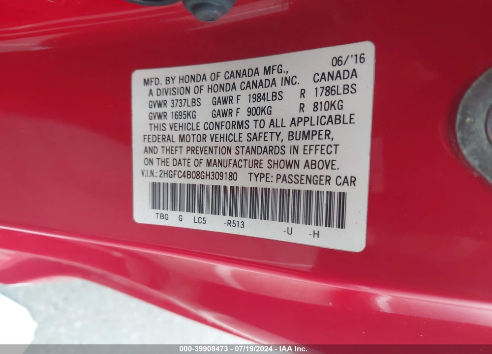 2016 HONDA CIVIC LX-P VIN: 2HGFC4B08GH309180