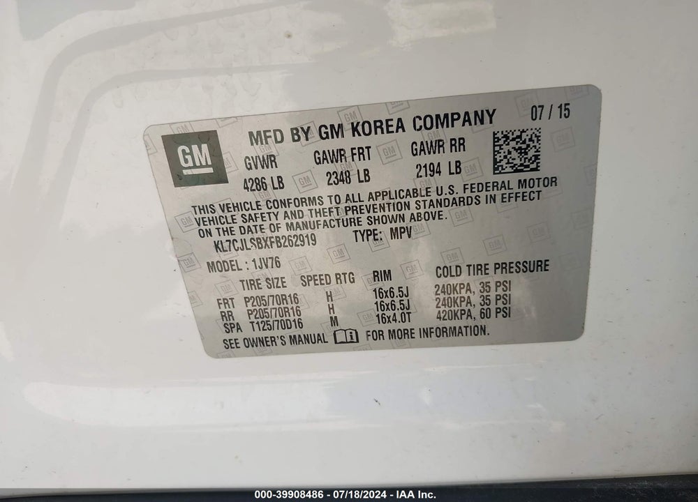 2015 CHEVROLET TRAX LT VIN: KL7CJLSBXFB262919
