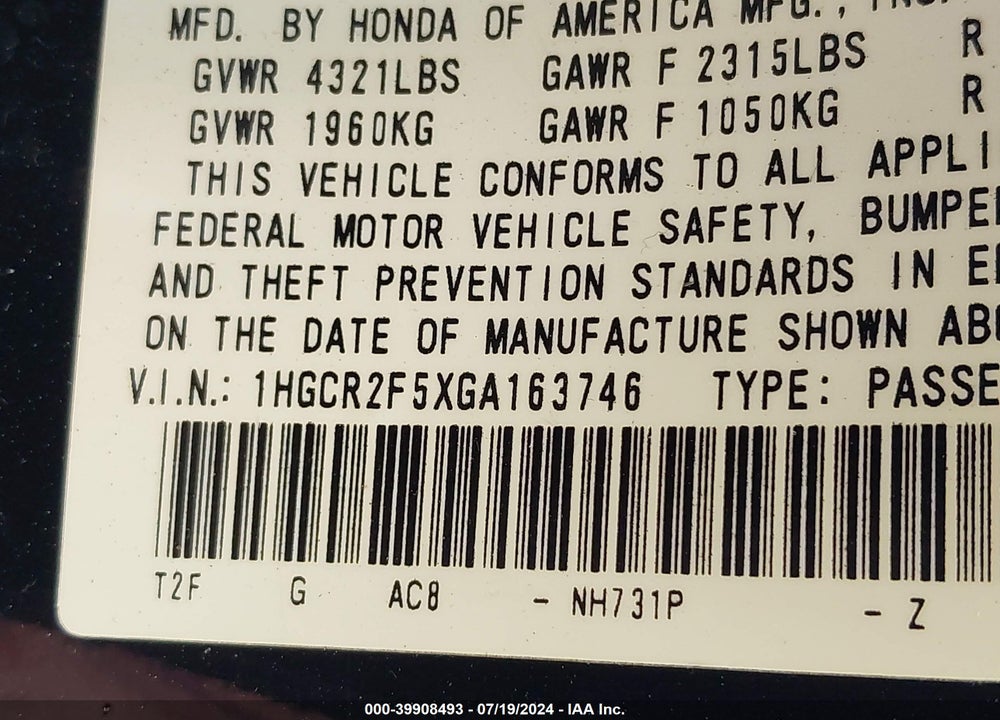 2016 HONDA ACCORD SPORT VIN: 1HGCR2F5XGA163746