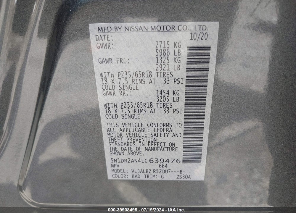 2020 NISSAN PATHFINDER S 2WD VIN: 5N1DR2AN4LC639476