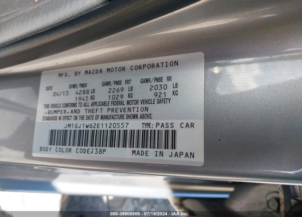 2014 MAZDA MAZDA6 VIN: JM1GJ1W62E1120557