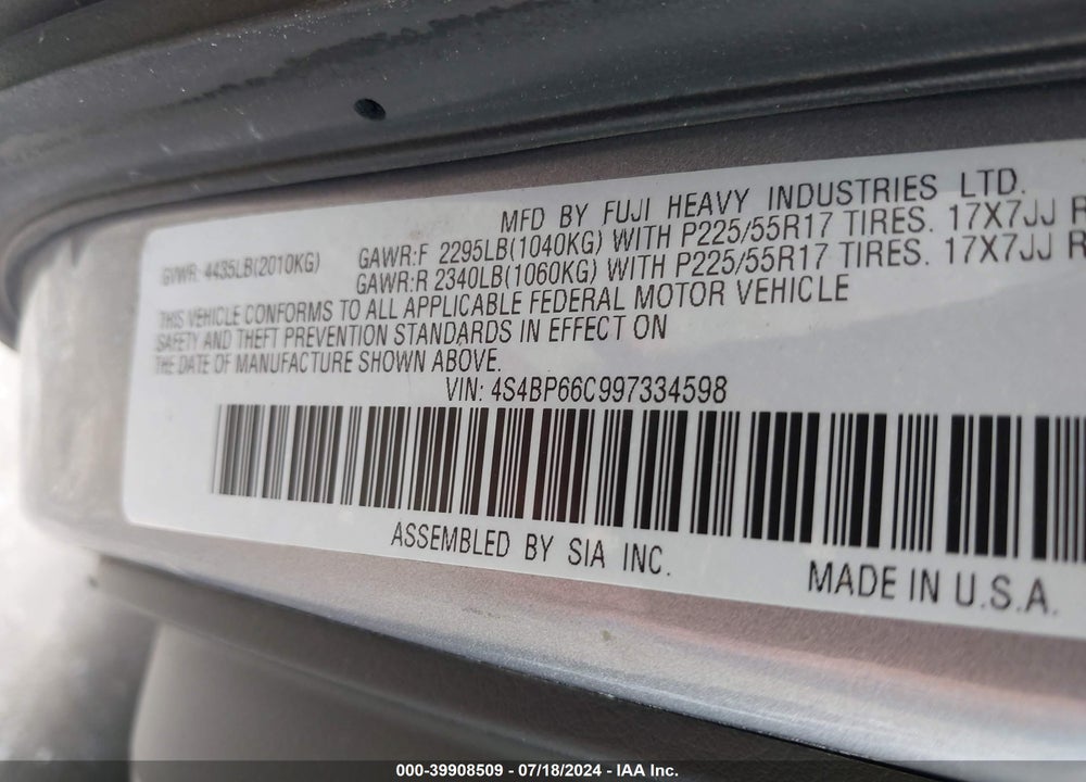 2009 SUBARU OUTBACK 2.5I LIMITED VIN: 4S4BP66C997334598