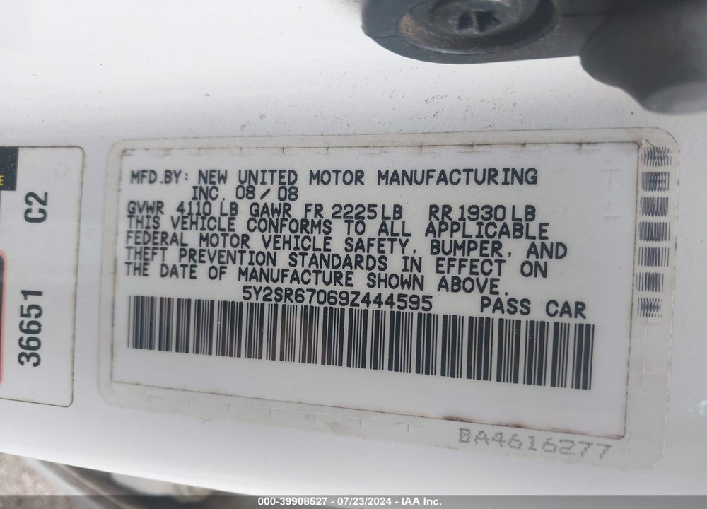 2009 PONTIAC VIBE VIN: 5Y2SR67069Z444595