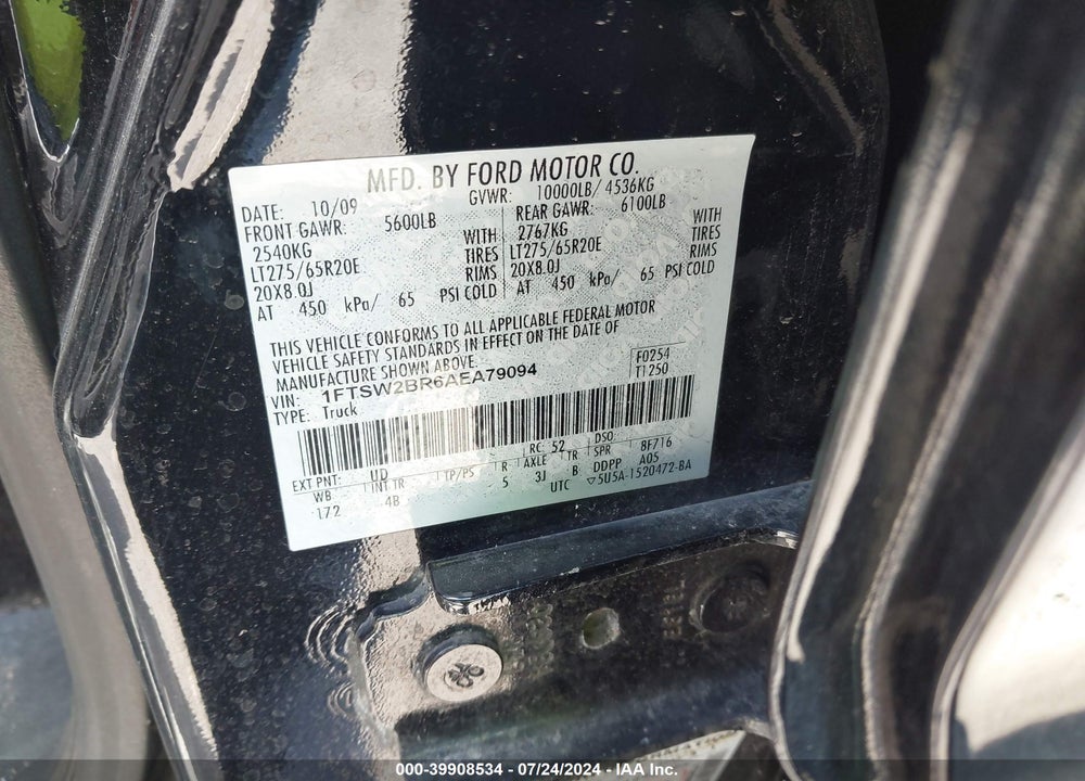 2010 FORD F-250 CABELA'S/HARLEY-DAVIDSON/KING RANCH/LARIAT/XL/XLT VIN: 1FTSW2BR6AEA79094
