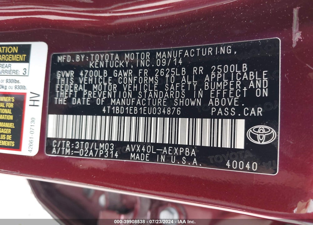 2014 TOYOTA AVALON HYBRID LIMITED VIN: 4T1BD1EB1EU034876