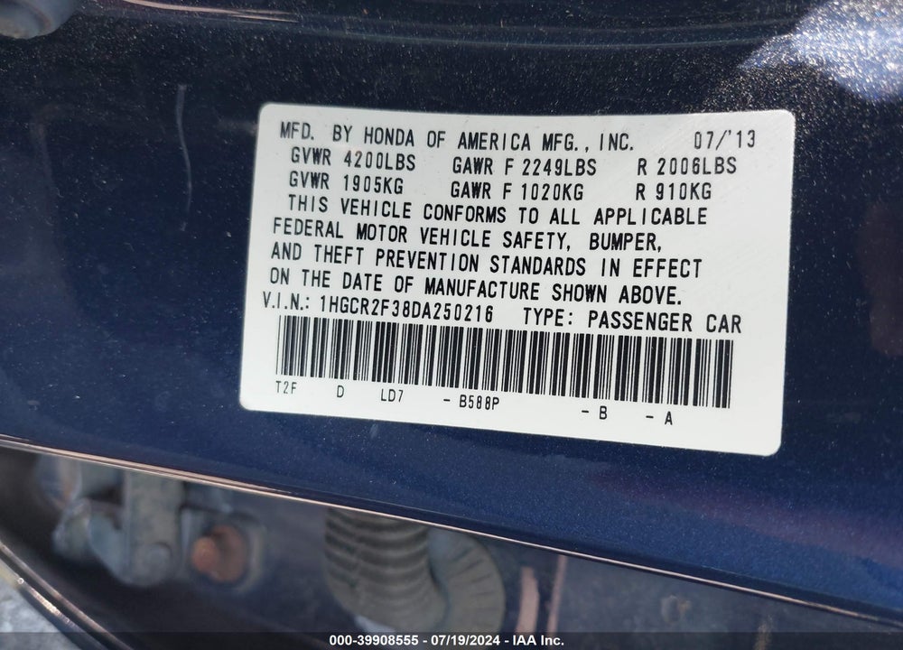 2013 HONDA ACCORD LX VIN: 1HGCR2F38DA250216