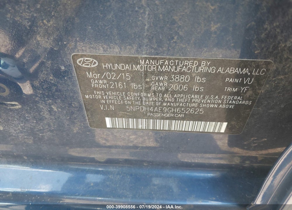 2016 HYUNDAI ELANTRA SE VIN: 5NPDH4AE9GH652625