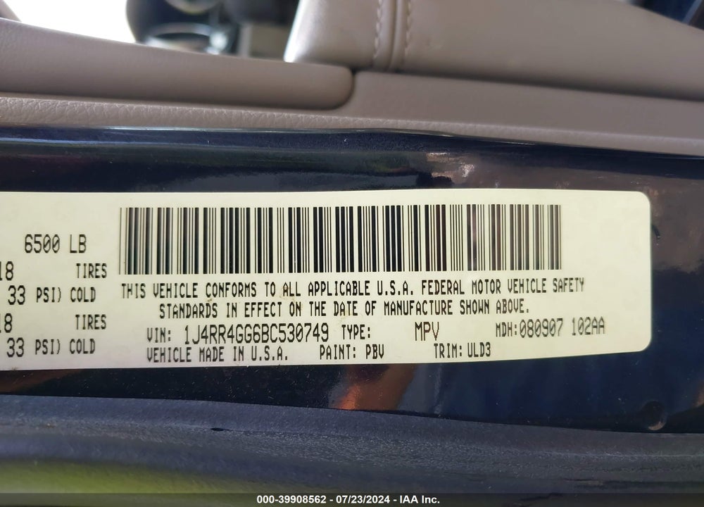 2011 JEEP GRAND CHEROKEE LAREDO VIN: 1J4RR4GG6BC530749