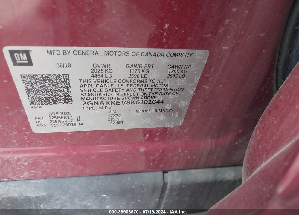2019 CHEVROLET EQUINOX LT VIN: 2GNAXKEV8K6101644