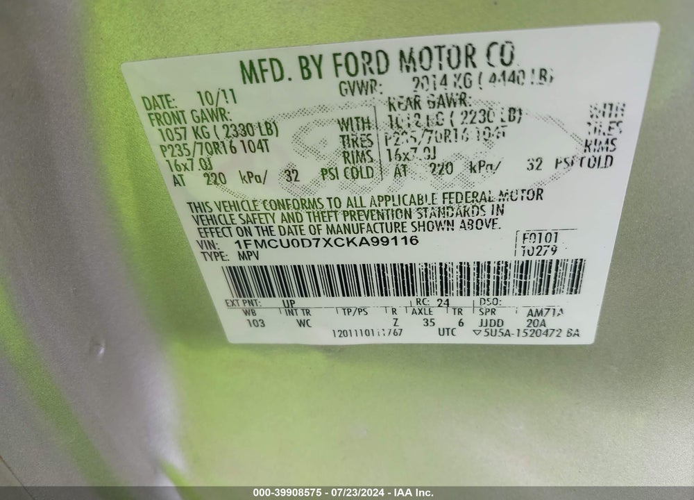 2012 FORD ESCAPE XLT VIN: 1FMCU0D7XCKA99116