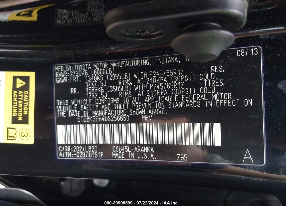 2013 TOYOTA HIGHLANDER SE V6 VIN: 5TDBK3EH4DS256650