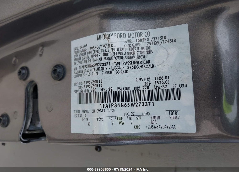 2005 FORD FOCUS ZX4 VIN: 1FAFP34N65W273371