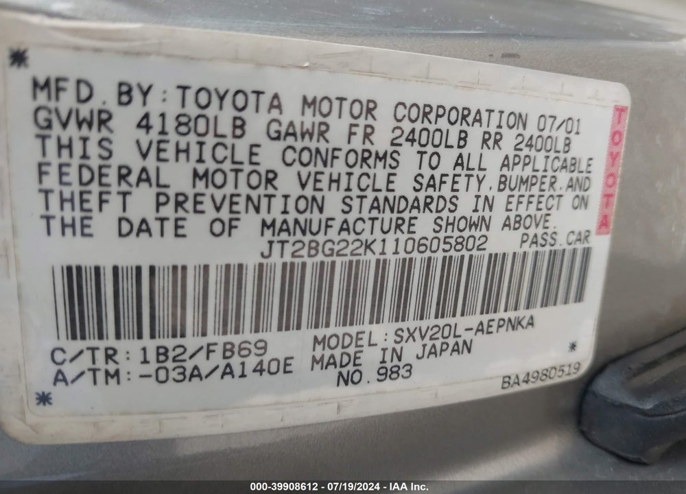 2001 TOYOTA CAMRY LE VIN: JT2BG22K110605802