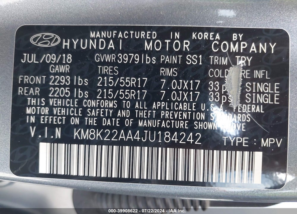 2018 HYUNDAI KONA SEL VIN: KM8K22AA4JU184242