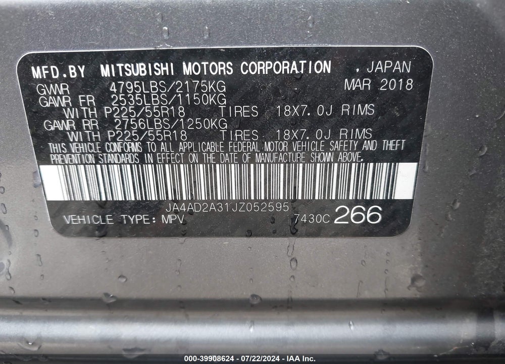 2018 MITSUBISHI OUTLANDER ES VIN: JA4AD2A31JZ052595