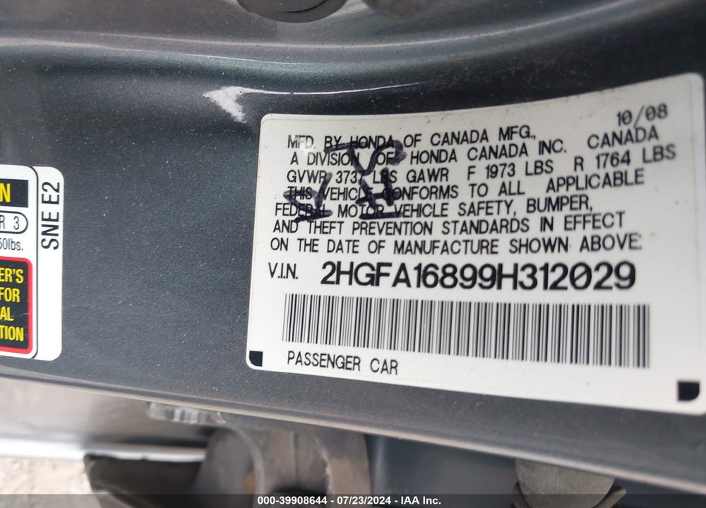 2009 HONDA CIVIC EX VIN: 2HGFA16899H312029