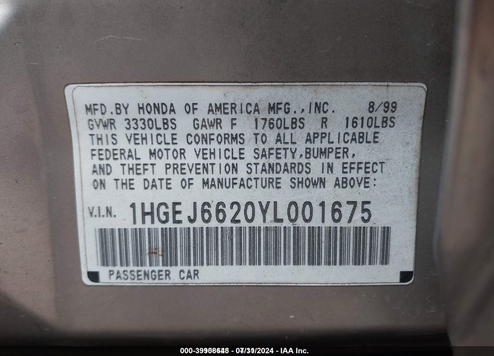 2000 HONDA CIVIC DX VIN: 1HGEJ6620YL001675