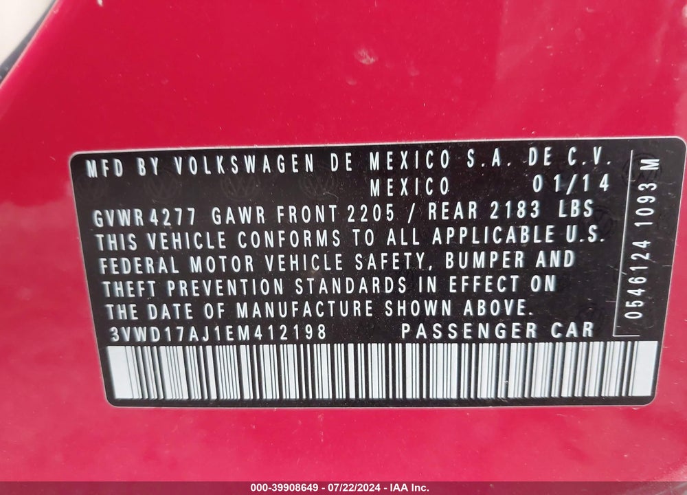 2014 VOLKSWAGEN JETTA 1.8T SE VIN: 3VWD17AJ1EM412198