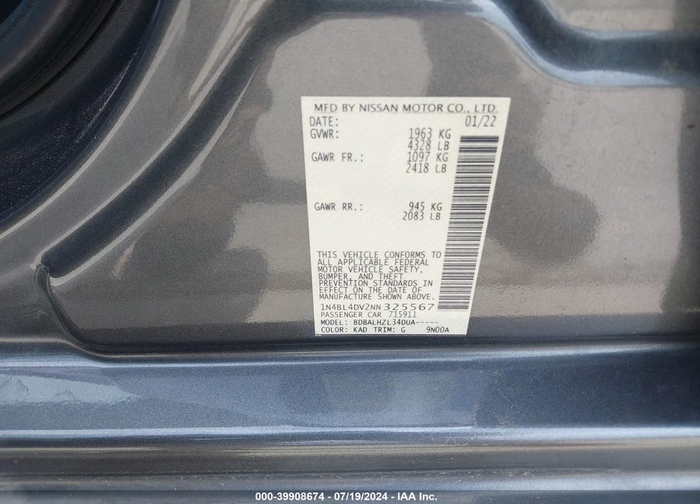 2022 NISSAN ALTIMA SV FWD VIN: 1N4BL4DV2NN325567