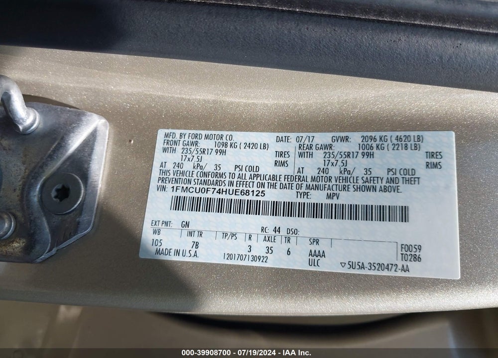 2017 FORD ESCAPE S VIN: 1FMCU0F74HUE68125