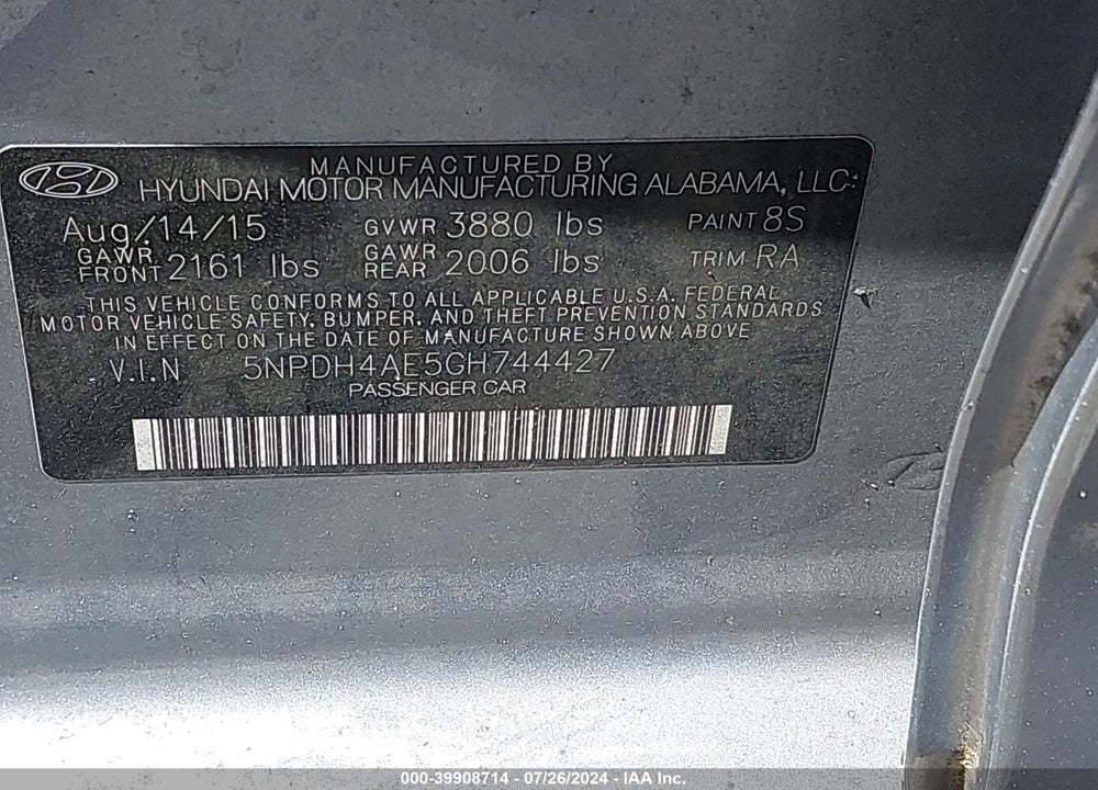 2016 HYUNDAI ELANTRA SE VIN: 5NPDH4AE5GH744427
