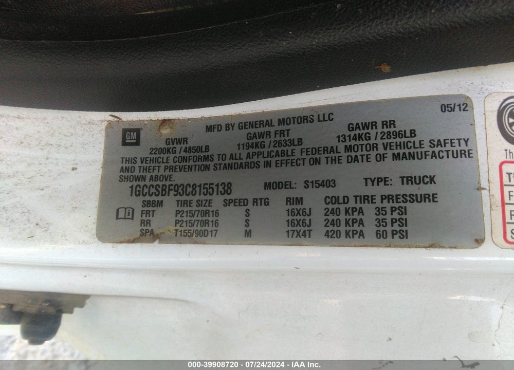 2012 CHEVROLET COLORADO WORK TRUCK VIN: 1GCCSBF93C8155138