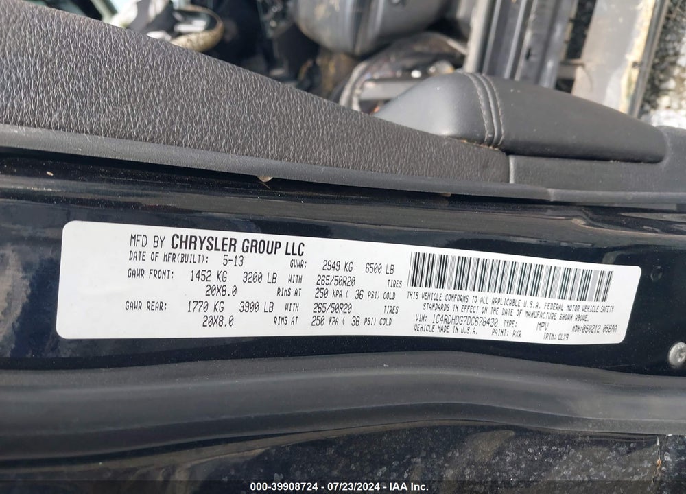 2013 DODGE DURANGO VIN: 1C4RDHDG7DC678430