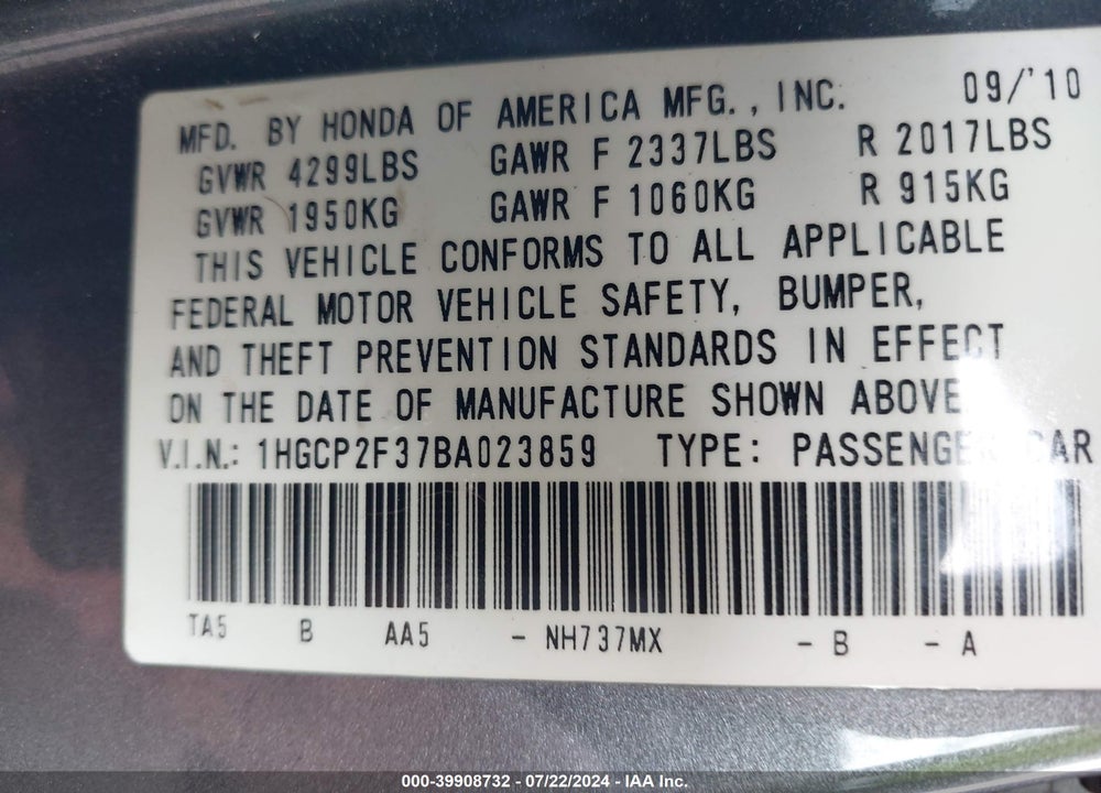 2011 HONDA ACCORD 2.4 LX VIN: 1HGCP2F37BA023859