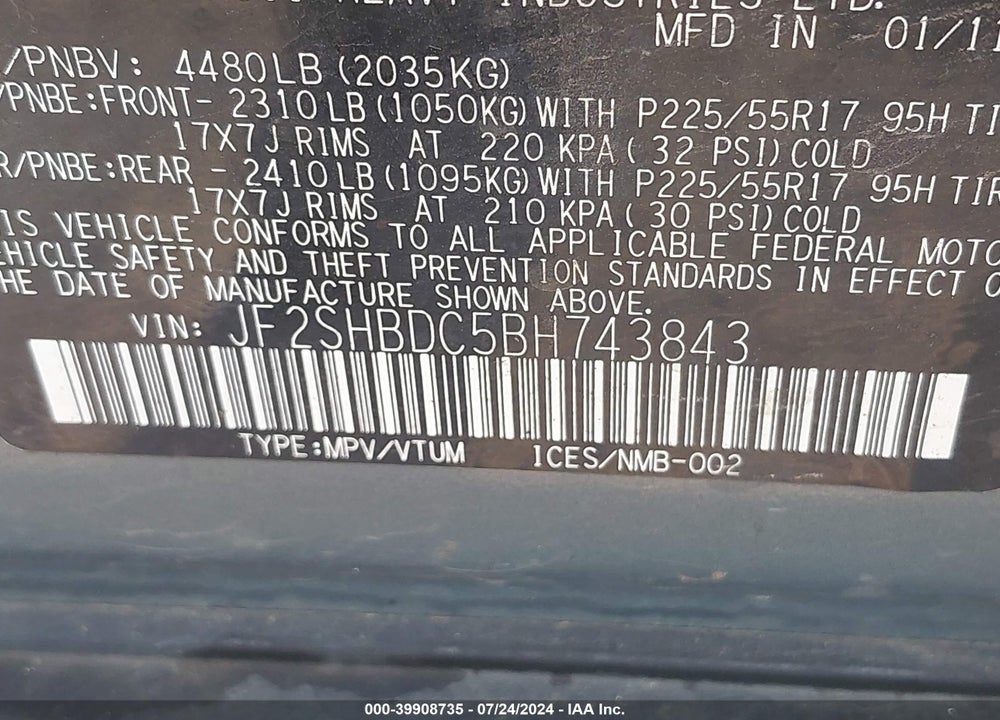 2011 SUBARU FORESTER 2.5X PREMIUM VIN: JF2SHBDC5BH743843