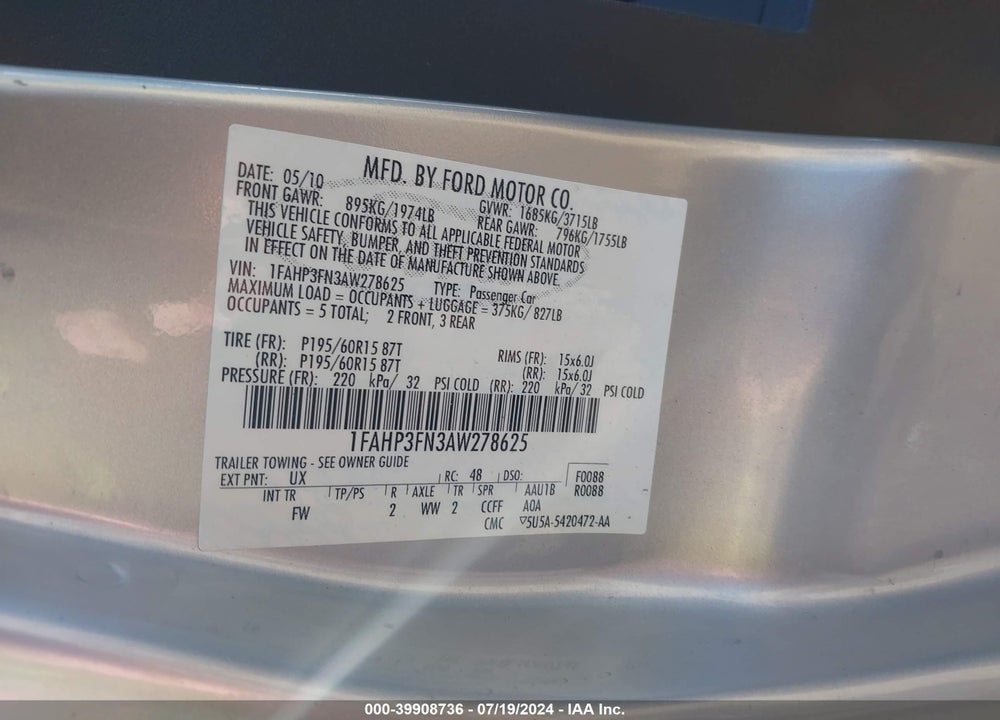 2010 FORD FOCUS SE VIN: 1FAHP3FN3AW278625