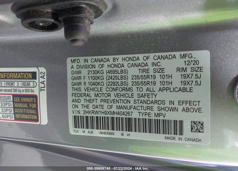 2021 HONDA CR-V 2WD TOURING VIN: 2HKRW1H9XMH404267