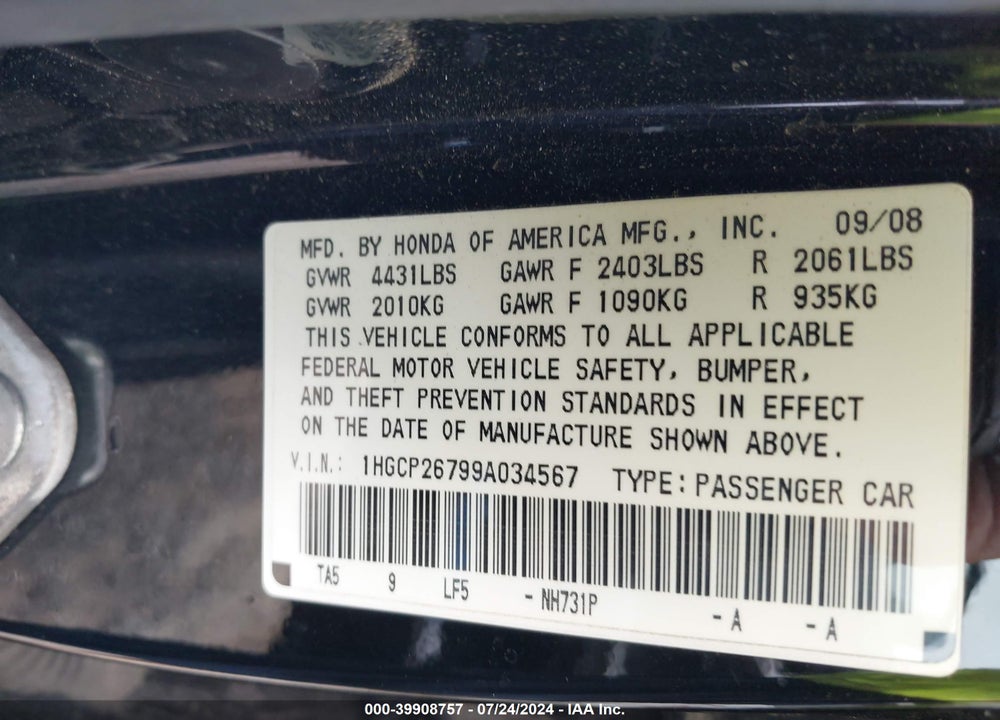 2009 HONDA ACCORD 2.4 EX VIN: 1HGCP26799A034567