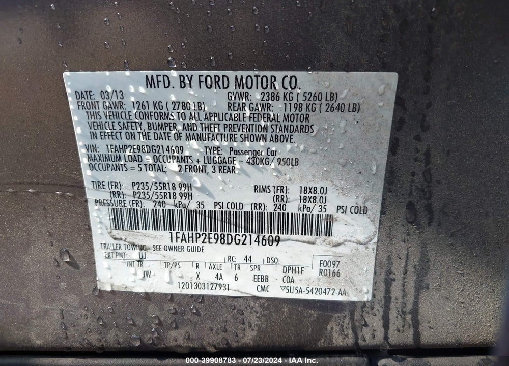 2013 FORD TAURUS VIN: 1FAHP2E98DG214609
