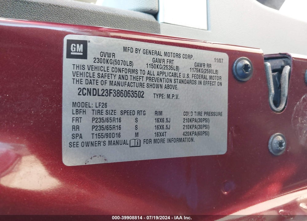 2008 CHEVROLET EQUINOX LS VIN: 2CNDL23F386063502