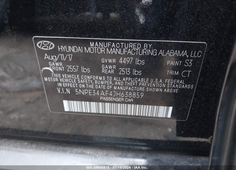 2018 HYUNDAI SONATA VIN: 5NPE34AF4JH638859