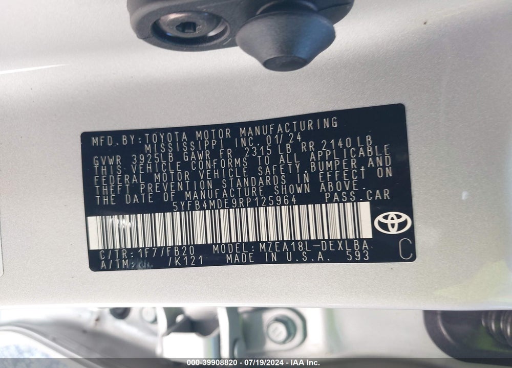 2024 TOYOTA COROLLA LE VIN: 5YFB4MDE9RP125964