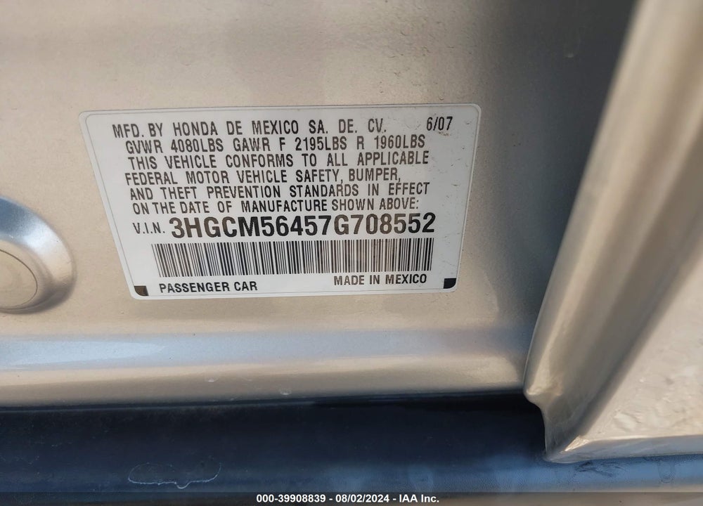 2007 HONDA ACCORD 2.4 LX VIN: 3HGCM56457G708552